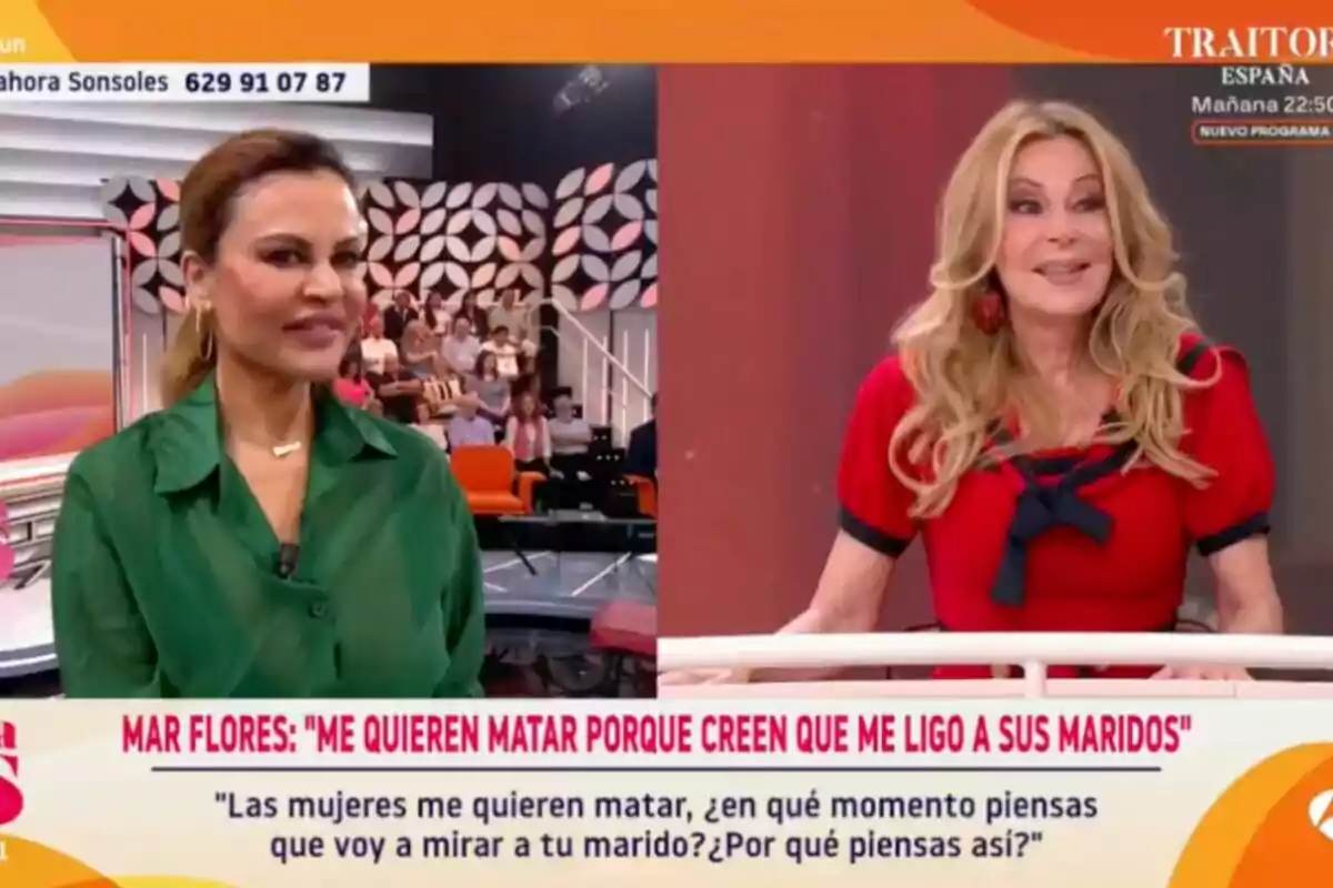 Ana Obregón y Teresa Bueyes conversan en 'Y ahora Sonsoles' con público de fondo y un titular en pantalla que menciona una declaración polémica Ana Obregón y Teresa Bueyes conversan en 'Y ahora Sonsoles' con público de fondo y un titular en pantalla que menciona una declaración polémica