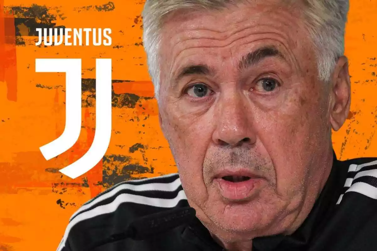 Carlo Ancelotti sobre un fondo naranja y el logo de la Juventus de Turín