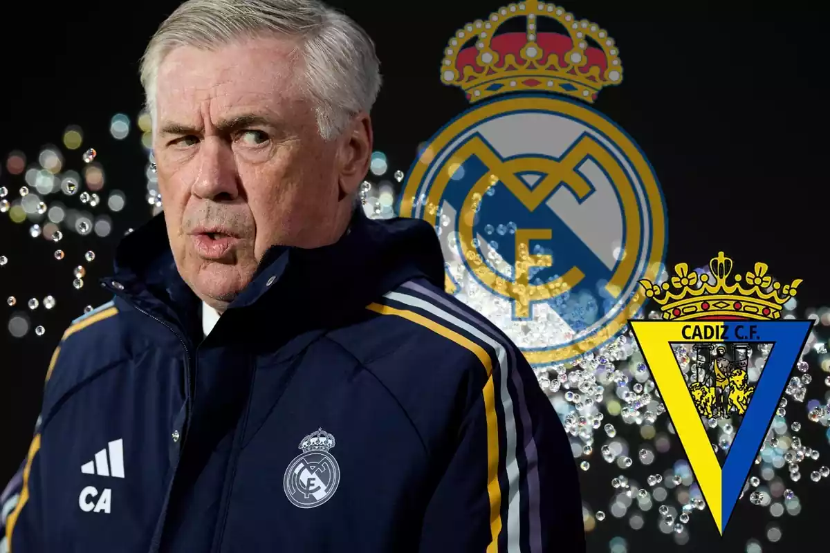 Carlo Ancelotti y el escudo del Cádiz CF en primer plano