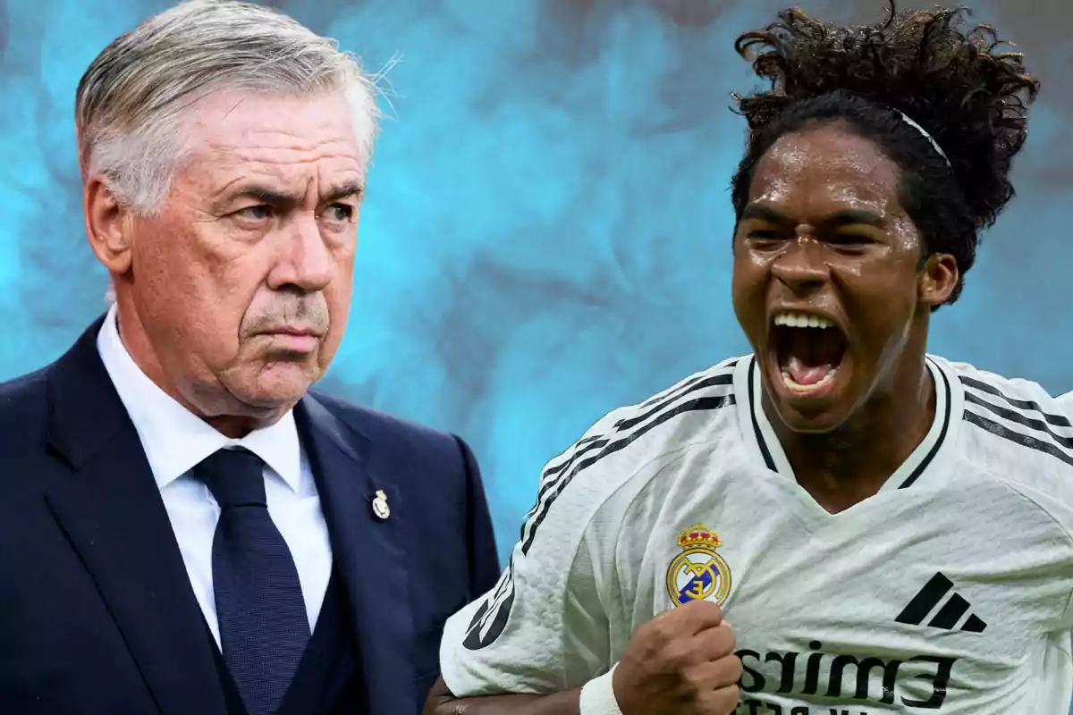 Un hombre de traje junto a un jugador de fútbol celebrando con una camiseta blanca del Real Madrid. Un hombre de traje junto a un jugador de fútbol celebrando con una camiseta blanca del Real Madrid.