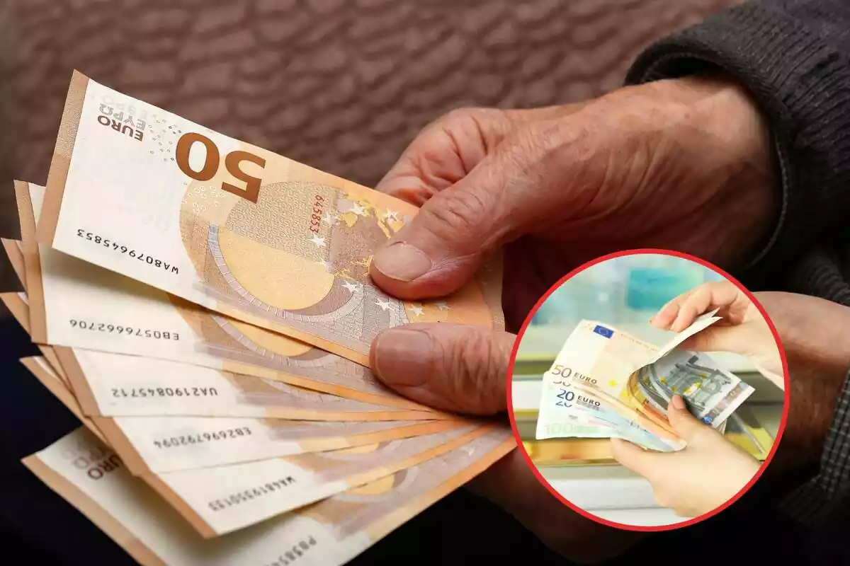 Montaje con un anciano con billetes de 50 euros en la mano y un círculo con más billetes