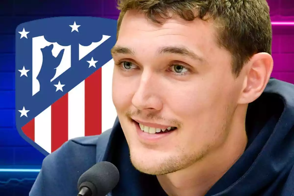 Montaje de Andreas Christensen con el escudo del Atlético de Madrid