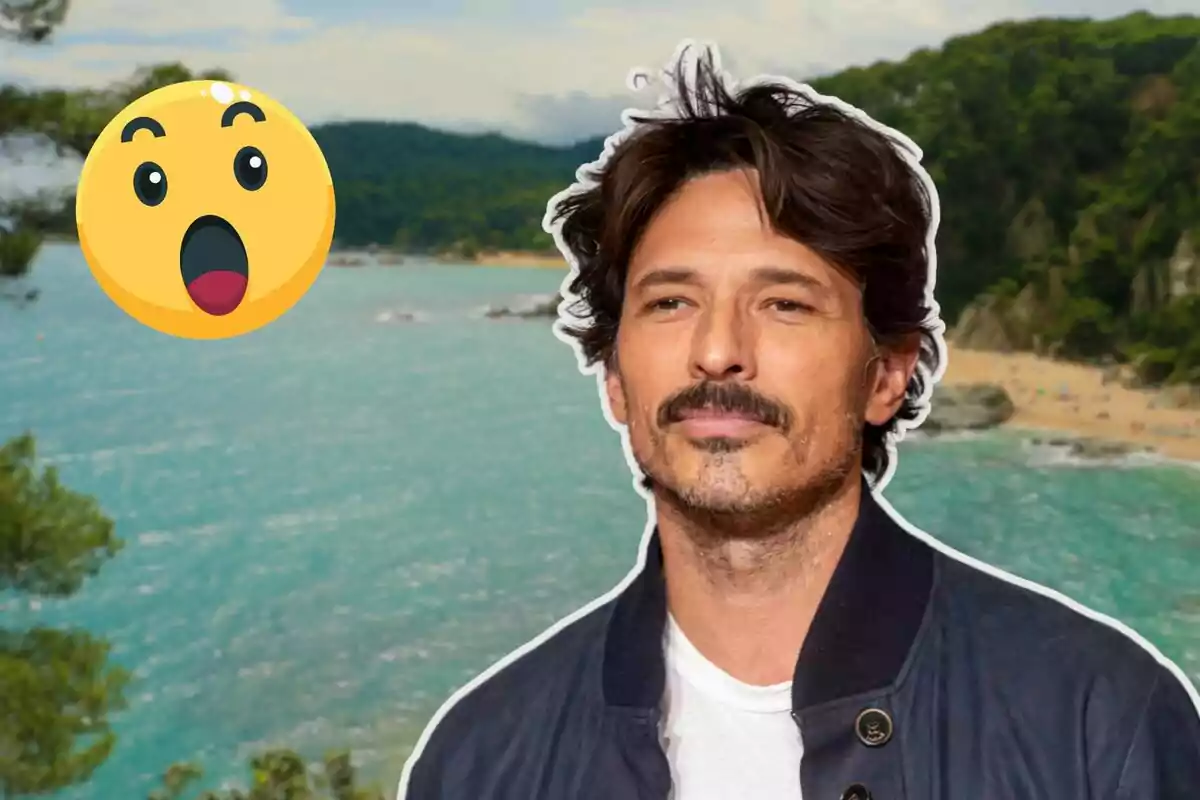 Un hombre con chaqueta oscura y camiseta blanca está frente a un paisaje de playa con un emoji sorprendido en la esquina.