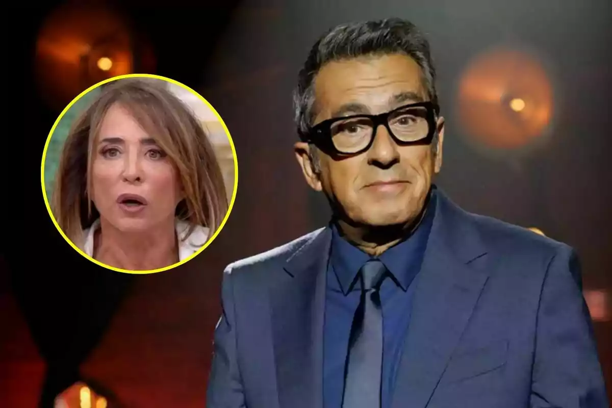 Andreu Buenafuente con gafas y traje oscuro está de pie en un escenario iluminado, mientras que en un círculo amarillo se muestra el rostro de María Patiño con expresión sorprendida.