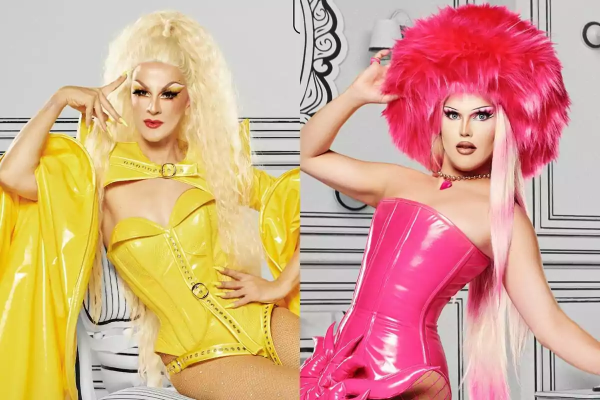 Angelita la Perversa y Chloe Vittu posando con atuendos llamativos, una con un traje amarillo brillante y la otra con un traje rosa brillante y un sombrero peludo en Drag Race España.