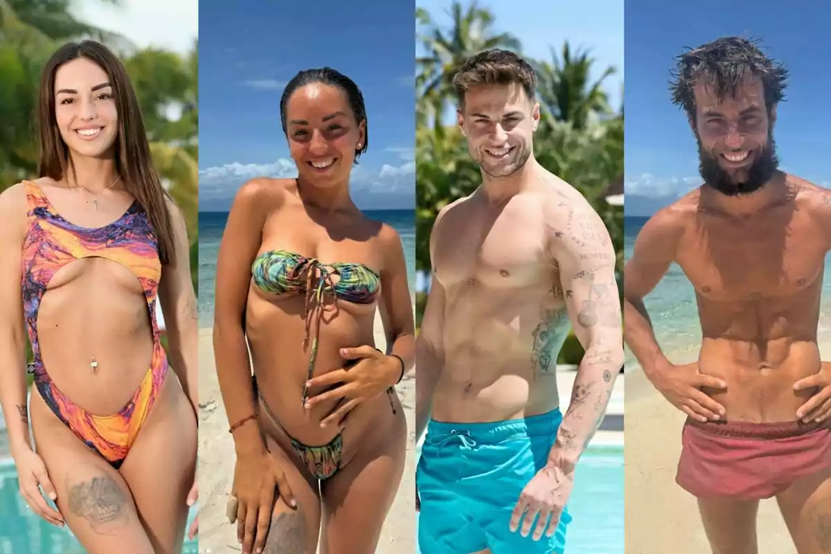 Anita y Montoya, el antes y el después, posan en traje de baño en la playa y junto a una piscina, todas sonríen y el fondo muestra palmeras y cielo azul Anita y Montoya, el antes y el después, posan en traje de baño en la playa y junto a una piscina, todas sonríen y el fondo muestra palmeras y cielo azul