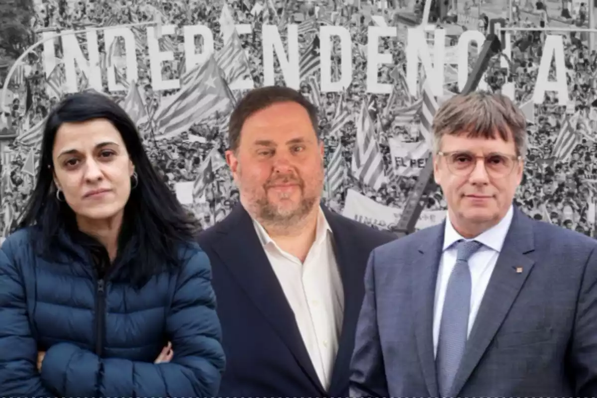 Imagen de Anna Gabriel Oriol Junqueras y Carles Puigdemont con una manifestación independentista de fondo