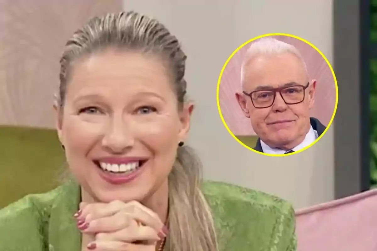 Anne Igartiburu sonriente con las manos juntas en D Corazón y Jordi González con gafas en un círculo amarillo en la esquina superior derecha.