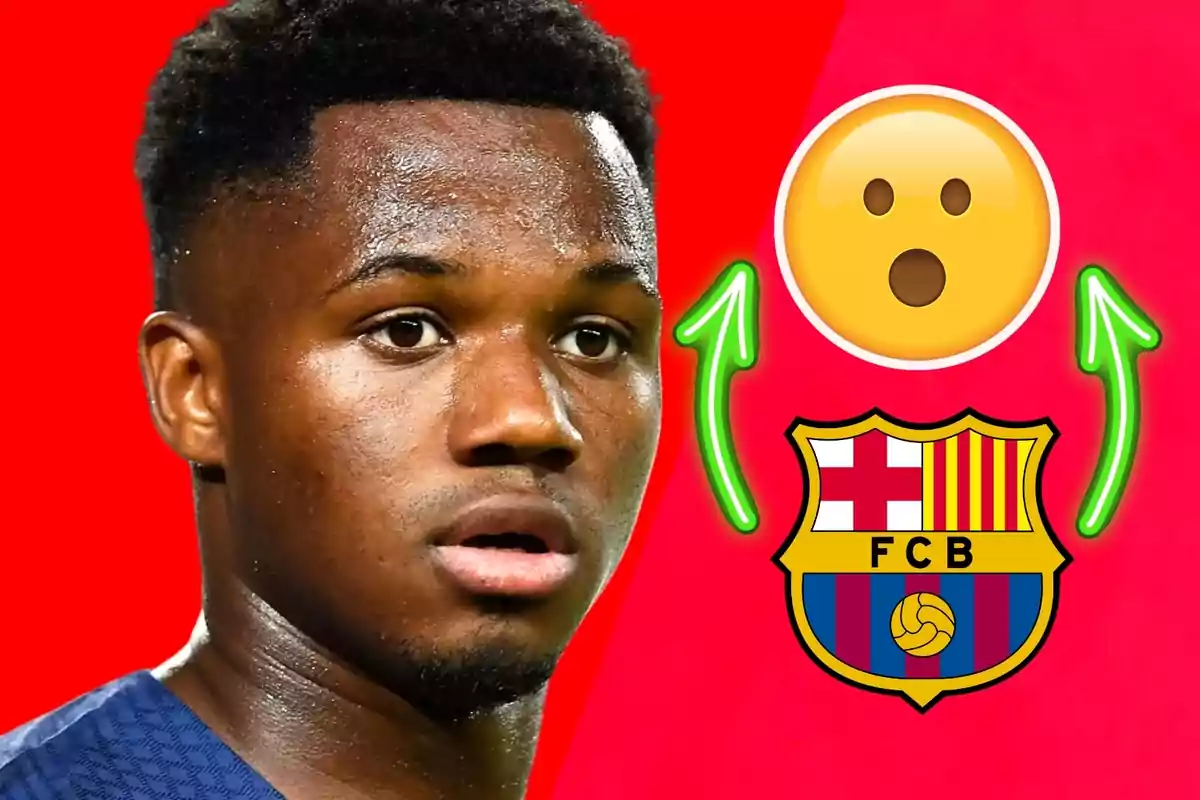 Un futbolista con expresión de sorpresa junto a un emoji sorprendido, dos flechas verdes y el escudo del FC Barcelona sobre un fondo rojo