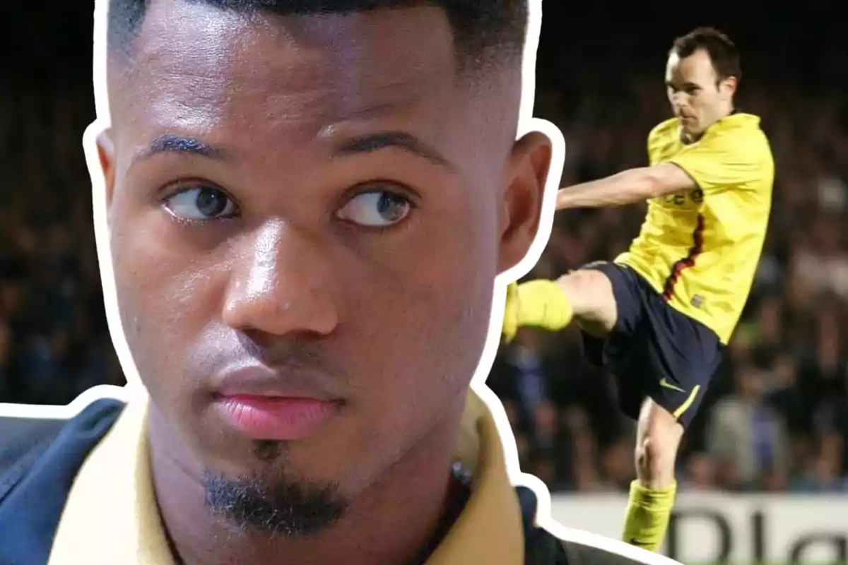 Primer plano de un joven con expresión seria y al fondo un futbolista vestido de amarillo pateando un balón en un estadio