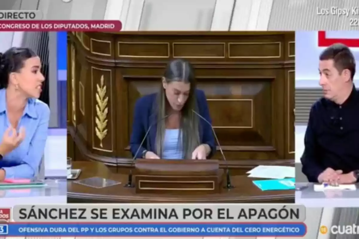 En la imagen se observa un programa de televisión,'En boca de todos', en el que se discute un tema político relacionado con el Congreso de los Diputados en Madrid, con Sarah Santaolalla y Antonio Naranjo participando en la conversación. En la imagen se observa un programa de televisión,'En boca de todos', en el que se discute un tema político relacionado con el Congreso de los Diputados en Madrid, con Sarah Santaolalla y Antonio Naranjo participando en la conversación.