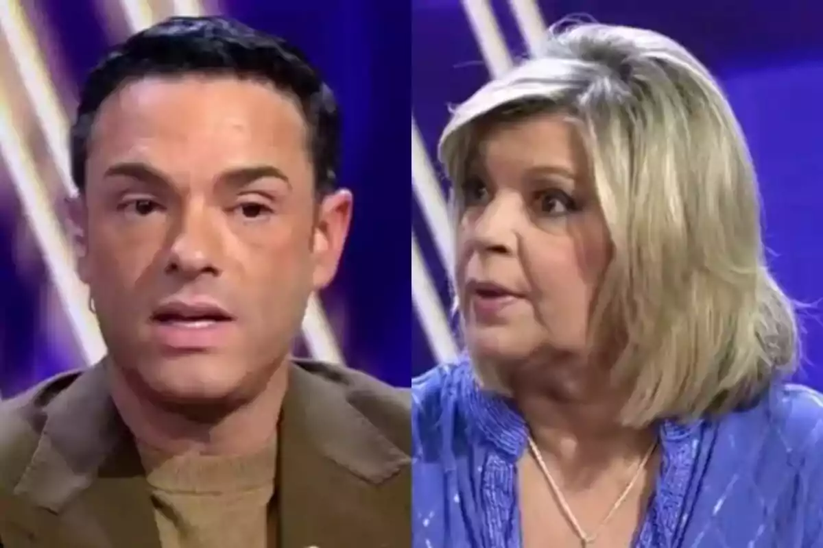 Antonio Rossi y Terelu Campos en De Viernes con expresiones serias y un fondo azul.