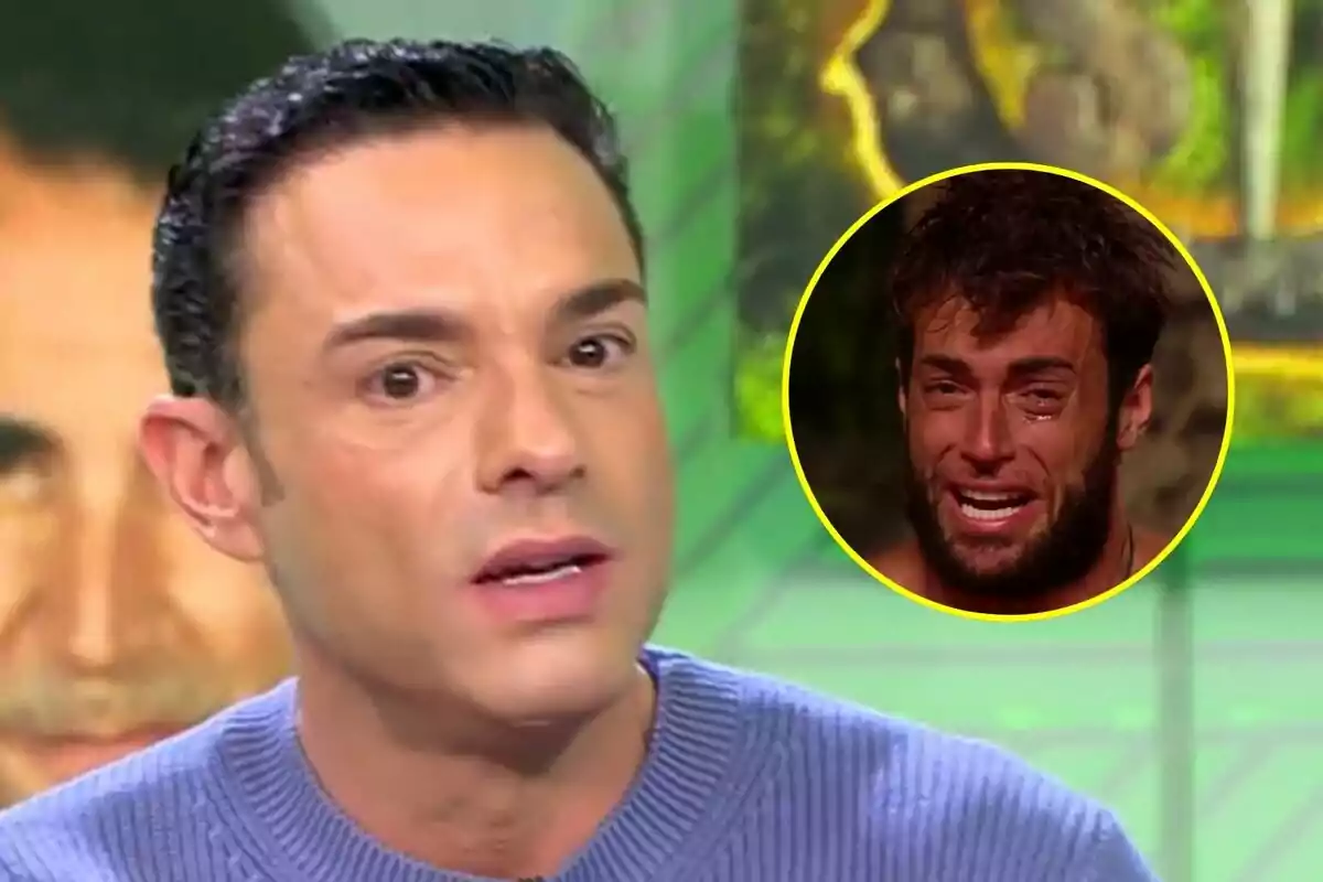 Antonio Rossi con expresión seria aparece en Vamos a ver en primer plano, mientras que en un círculo amarillo se muestra a Montoya llorando en Supervivientes.