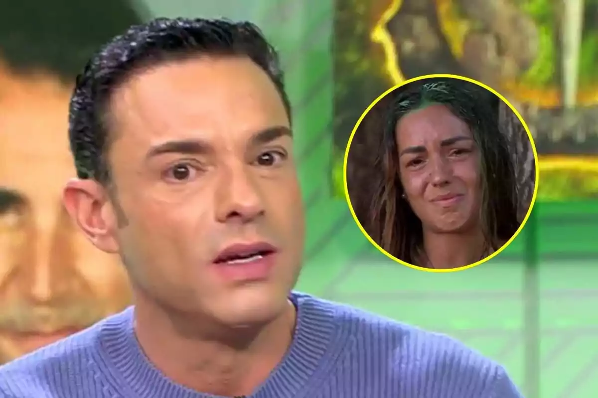 Antonio Rossi con expresión seria en primer plano en Vamos a ver y Antia con gesto triste en Supervivientes dentro de un círculo amarillo en la esquina superior derecha
