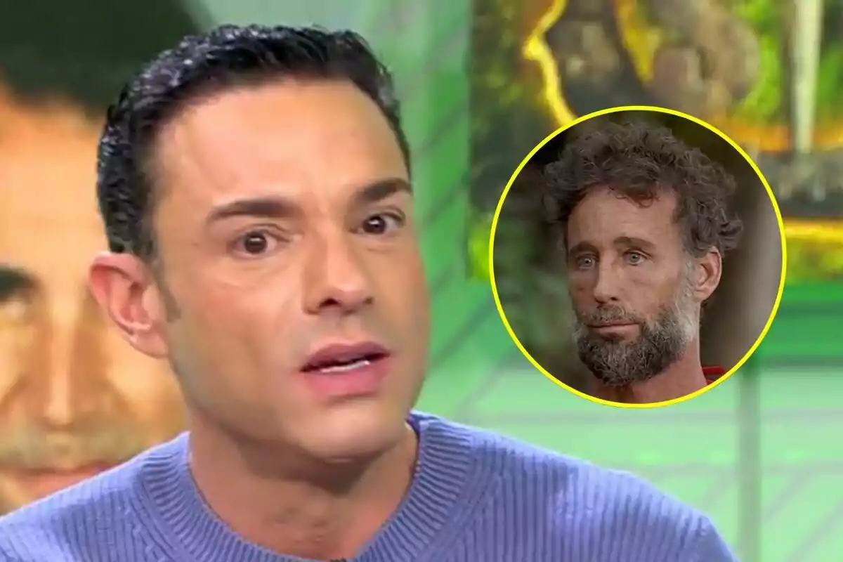 Antonio Rossi de cabello oscuro y suéter lila en Vamos a ver en primer plano con una imagen circular de Álvaro Muñoz Escassi con barba y cabello rizado en Supervivientes en la esquina superior derecha