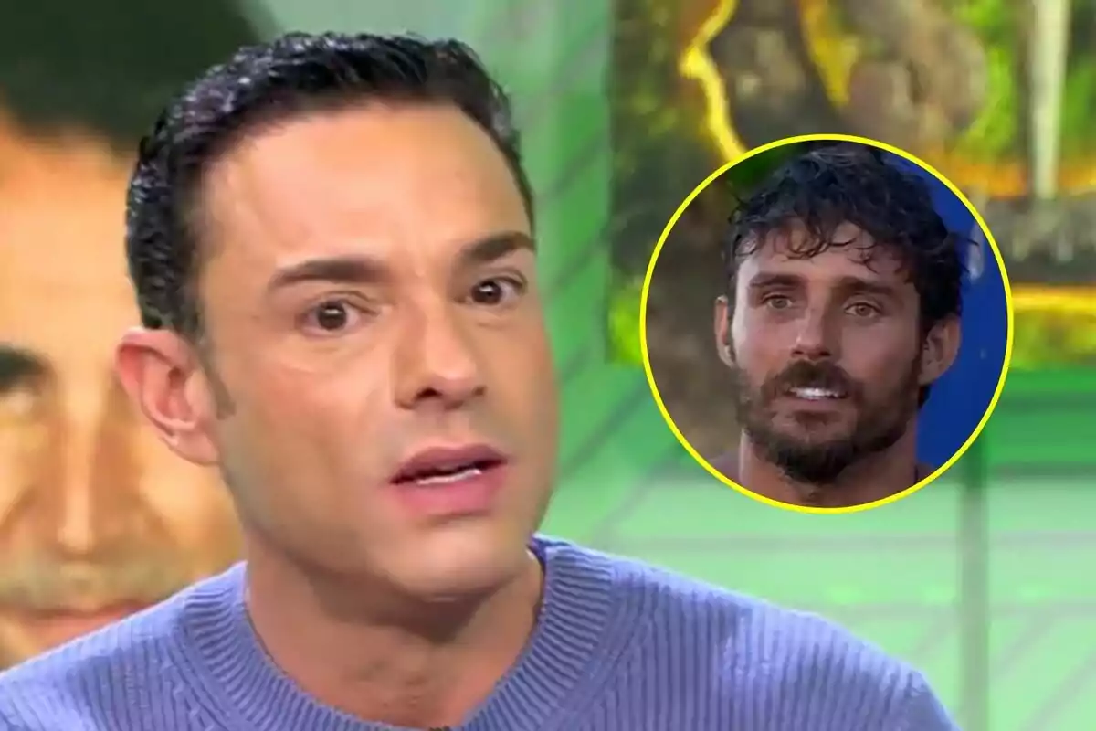 Antonio Rossi con suéter azul aparece en primer plano en Vamos a ver mientras en la esquina superior derecha hay un círculo amarillo con la imagen de Manuel González con barba en Supervivientes.