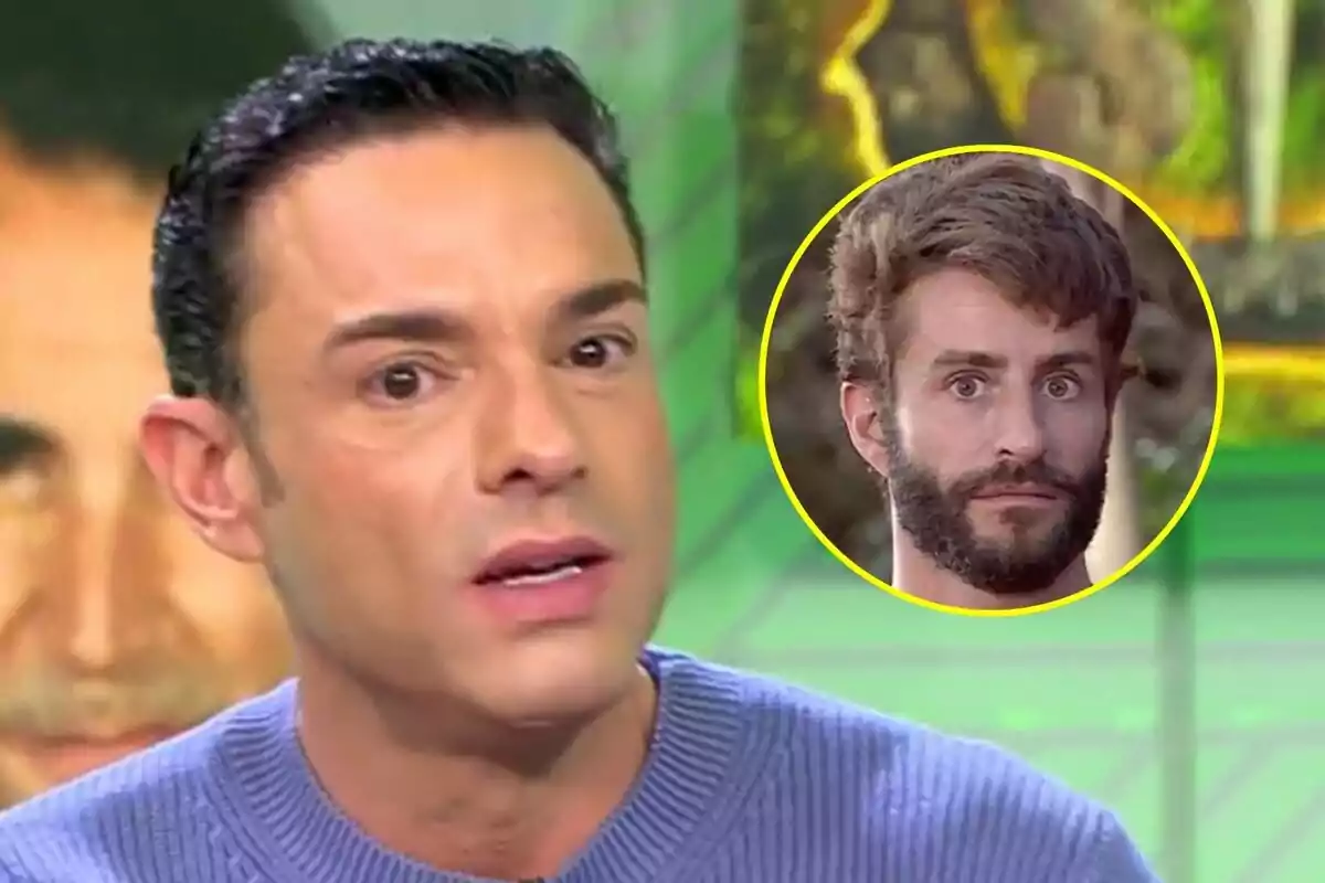 Antonio Rossi con suéter azul aparece en primer plano en Vamos a ver mientras que en la esquina superior derecha hay un círculo amarillo con la imagen de Pelayo Díaz con barba en Supervivietnes.