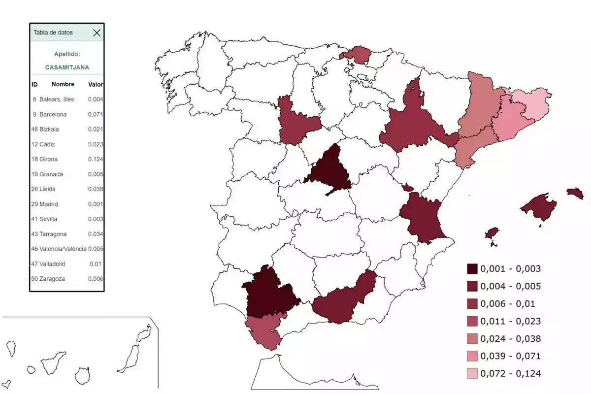 Mapa de España que muestra la distribución del apellido Casamitjana por provincias, con una leyenda de colores que indica la frecuencia del apellido en cada región, acompañado de una tabla de datos con nombres de provincias y valores correspondientes. Mapa de España que muestra la distribución del apellido Casamitjana por provincias, con una leyenda de colores que indica la frecuencia del apellido en cada región, acompañado de una tabla de datos con nombres de provincias y valores correspondientes.