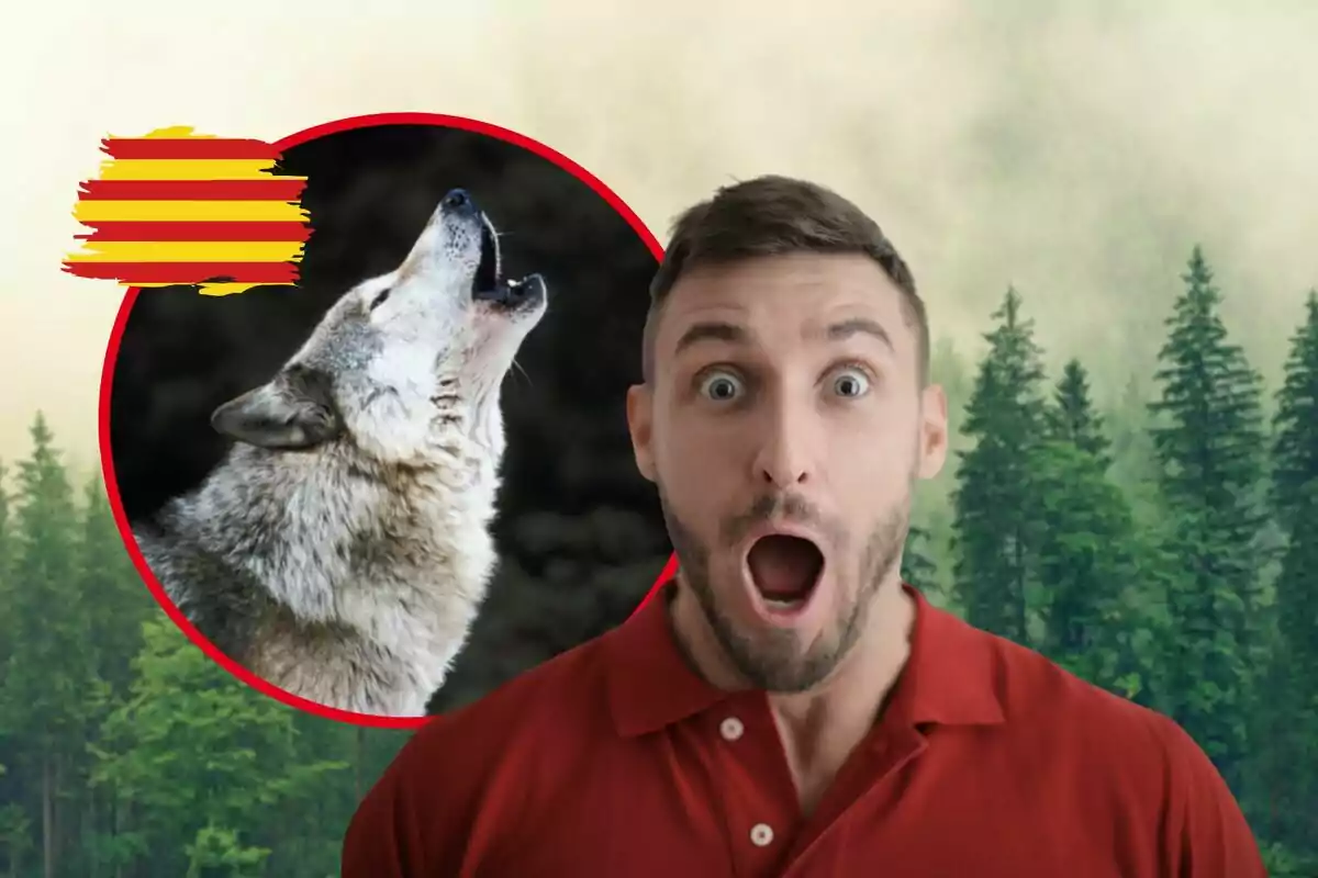 Un hombre sorprendido con la boca abierta, un lobo aullando dentro de un círculo rojo y una bandera con franjas amarillas y rojas, todo sobre un fondo de bosque con árboles y niebla.