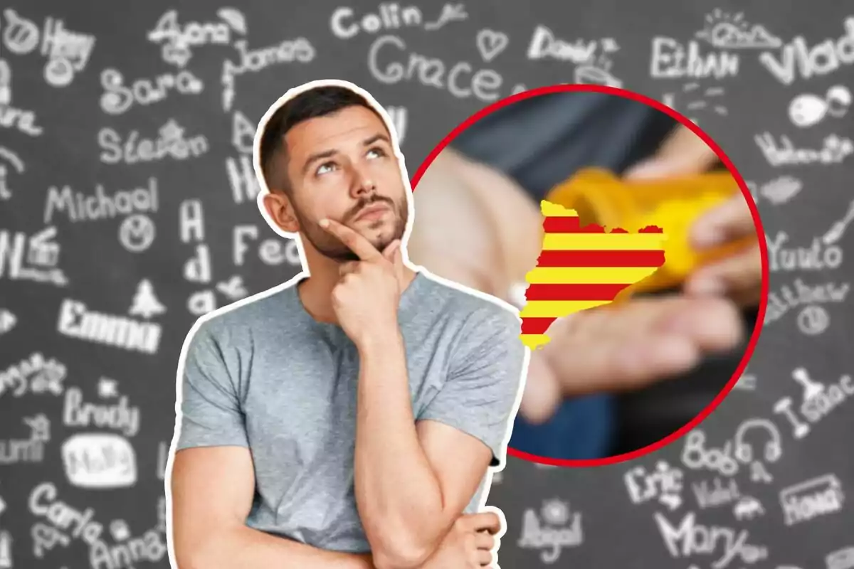 Un hombre pensativo con una camiseta gris, con un fondo de nombres escritos en una pizarra y un círculo que muestra una mano sosteniendo pastillas y la silueta de Cataluña con la bandera catalana.