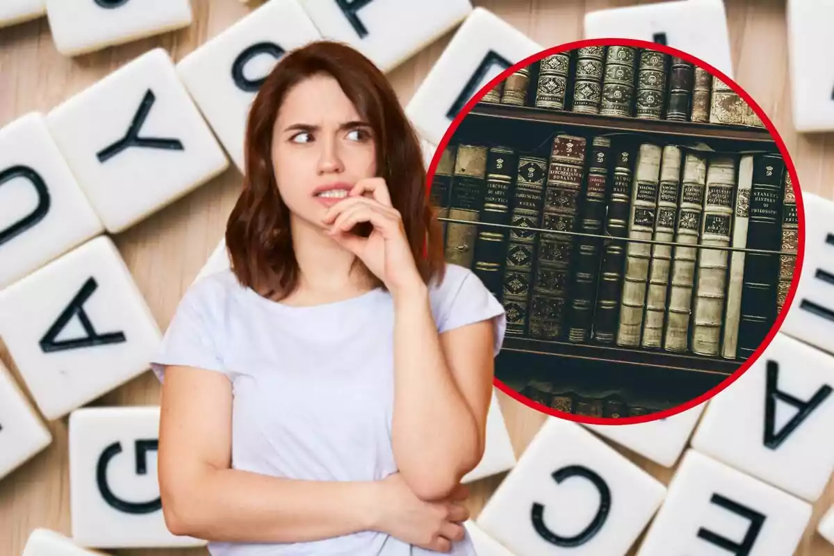 Una mujer pensativa con fichas de letras de fondo y una imagen de libros antiguos en un círculo rojo.