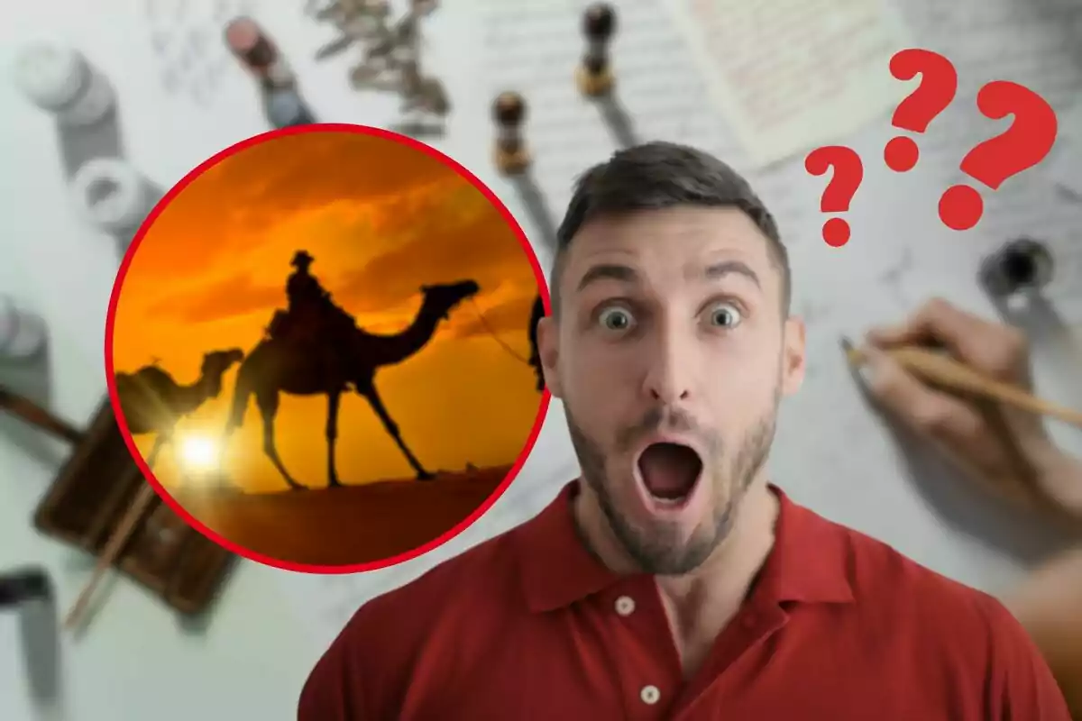 Hombre sorprendido con una imagen de camellos en el desierto al atardecer dentro de un círculo rojo y signos de interrogación rojos alrededor.