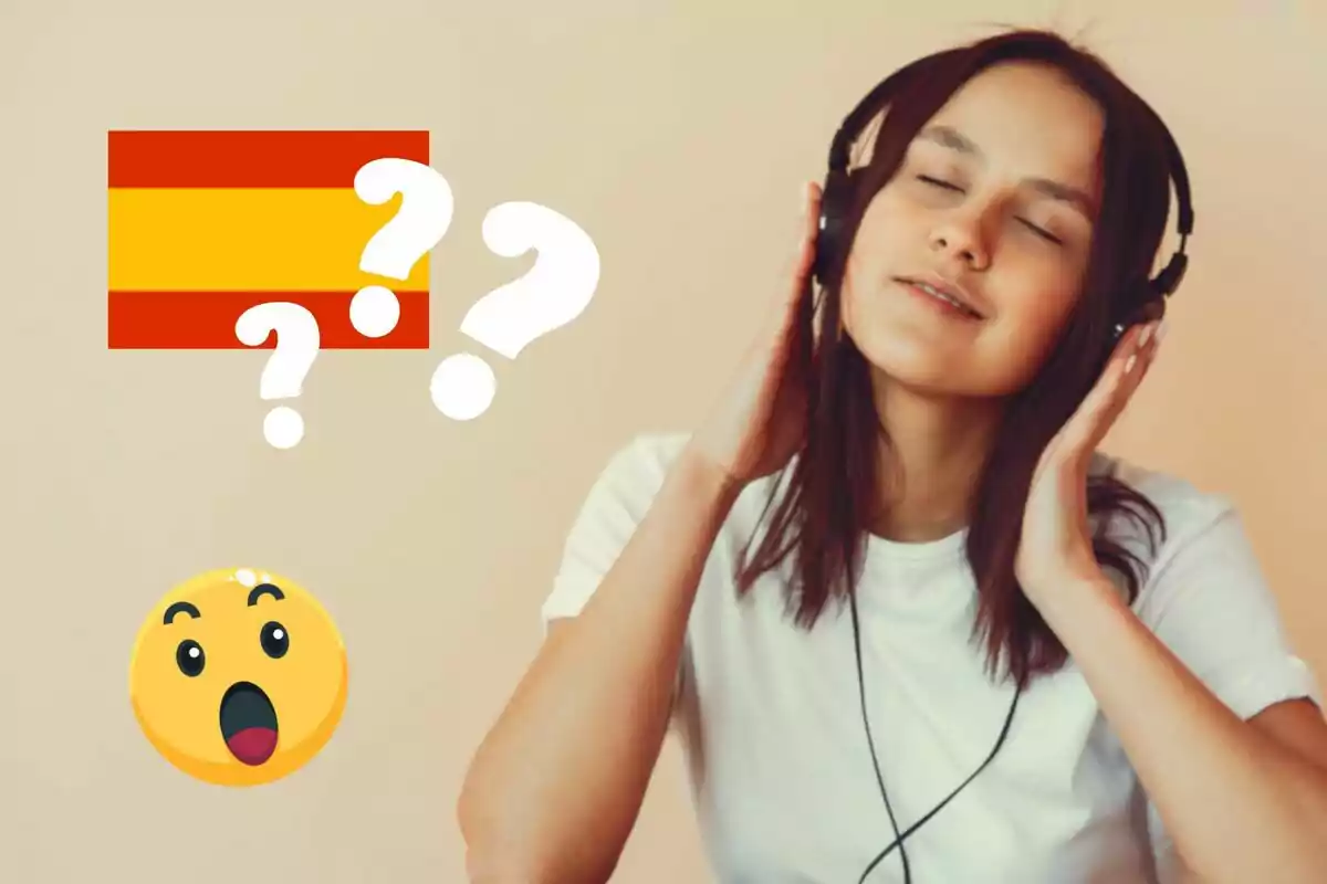 Una mujer con auriculares disfrutando de la música, junto a una bandera de España, signos de interrogación y un emoji sorprendido.