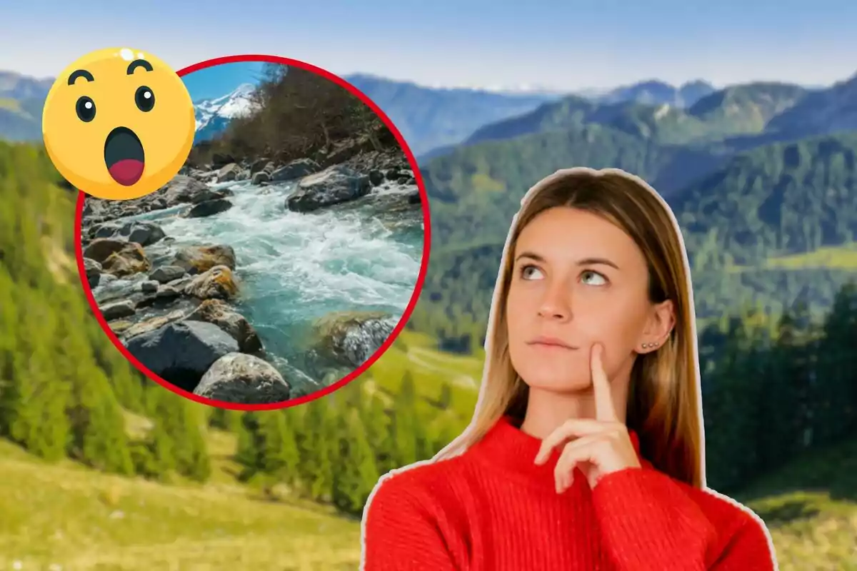 Una mujer pensativa con un suéter rojo está en un paisaje montañoso con un emoji sorprendido y una imagen circular de un río con rocas.