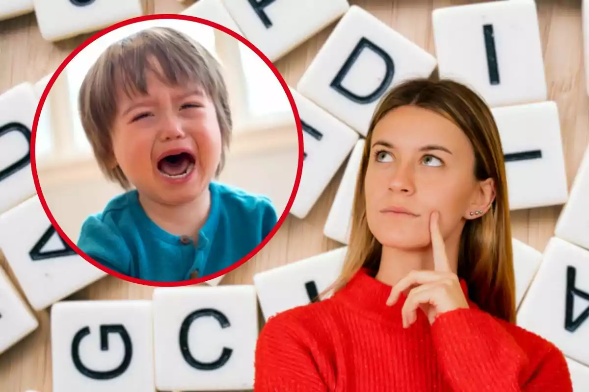 Una mujer pensativa con un niño llorando en un círculo rojo sobre un fondo de fichas de letras.