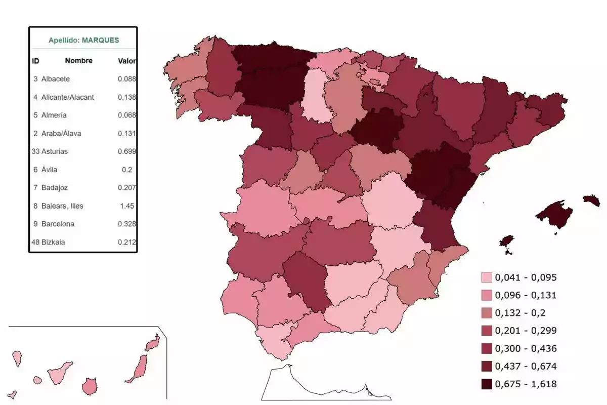 Mapa de España que muestra la distribución del apellido Mapa de España que muestra la distribución del apellido
