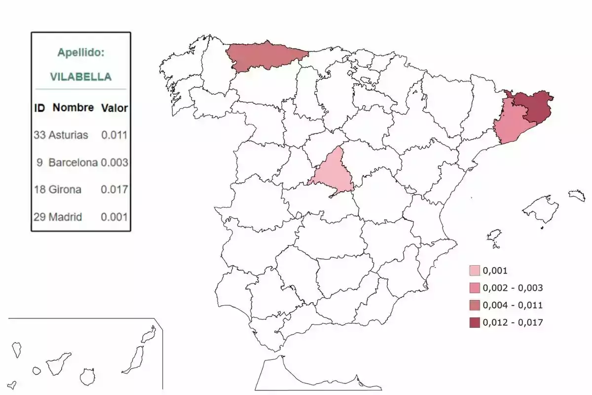 Mapa de España que muestra la distribución del apellido Vilabella por provincias, con una leyenda que indica la densidad de población del apellido en diferentes tonos de rojo; las provincias destacadas son Asturias, Barcelona, Girona y Madrid. Mapa de España que muestra la distribución del apellido Vilabella por provincias, con una leyenda que indica la densidad de población del apellido en diferentes tonos de rojo; las provincias destacadas son Asturias, Barcelona, Girona y Madrid.