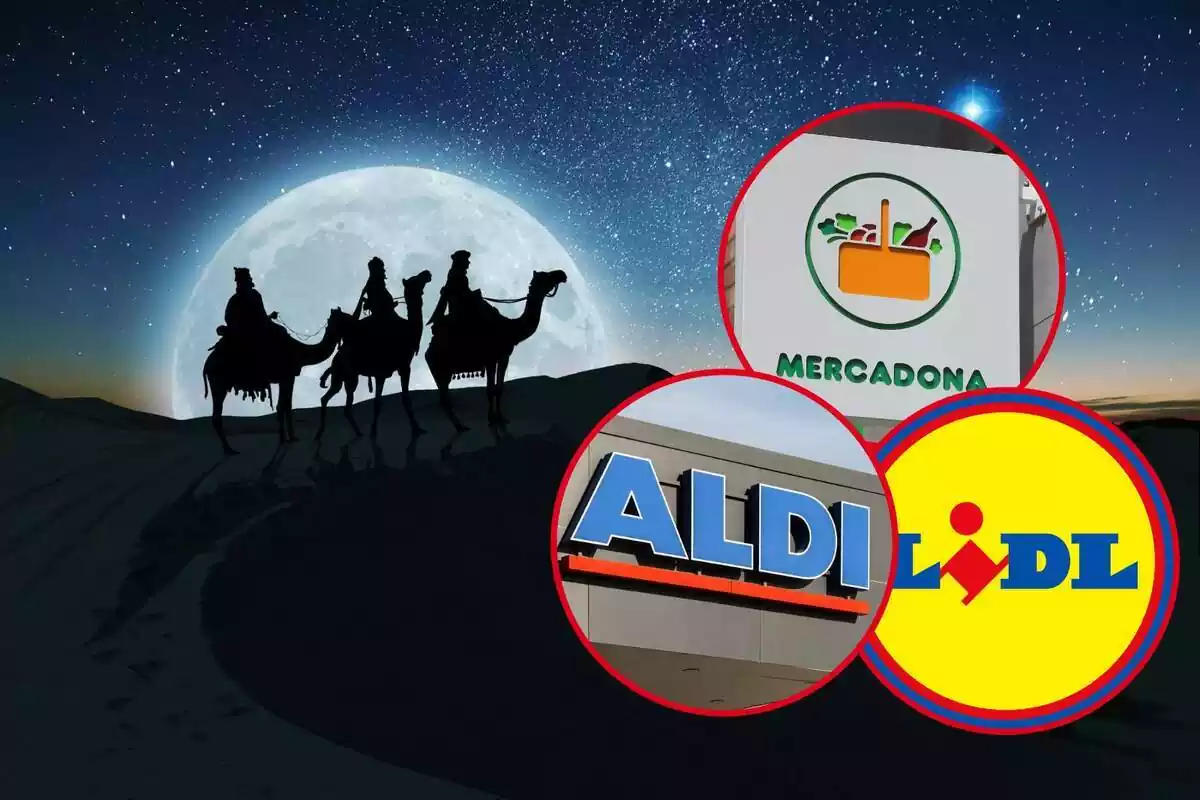 Los tres Reyes Magos y los logos de Mercadona, Aldi y Lidl