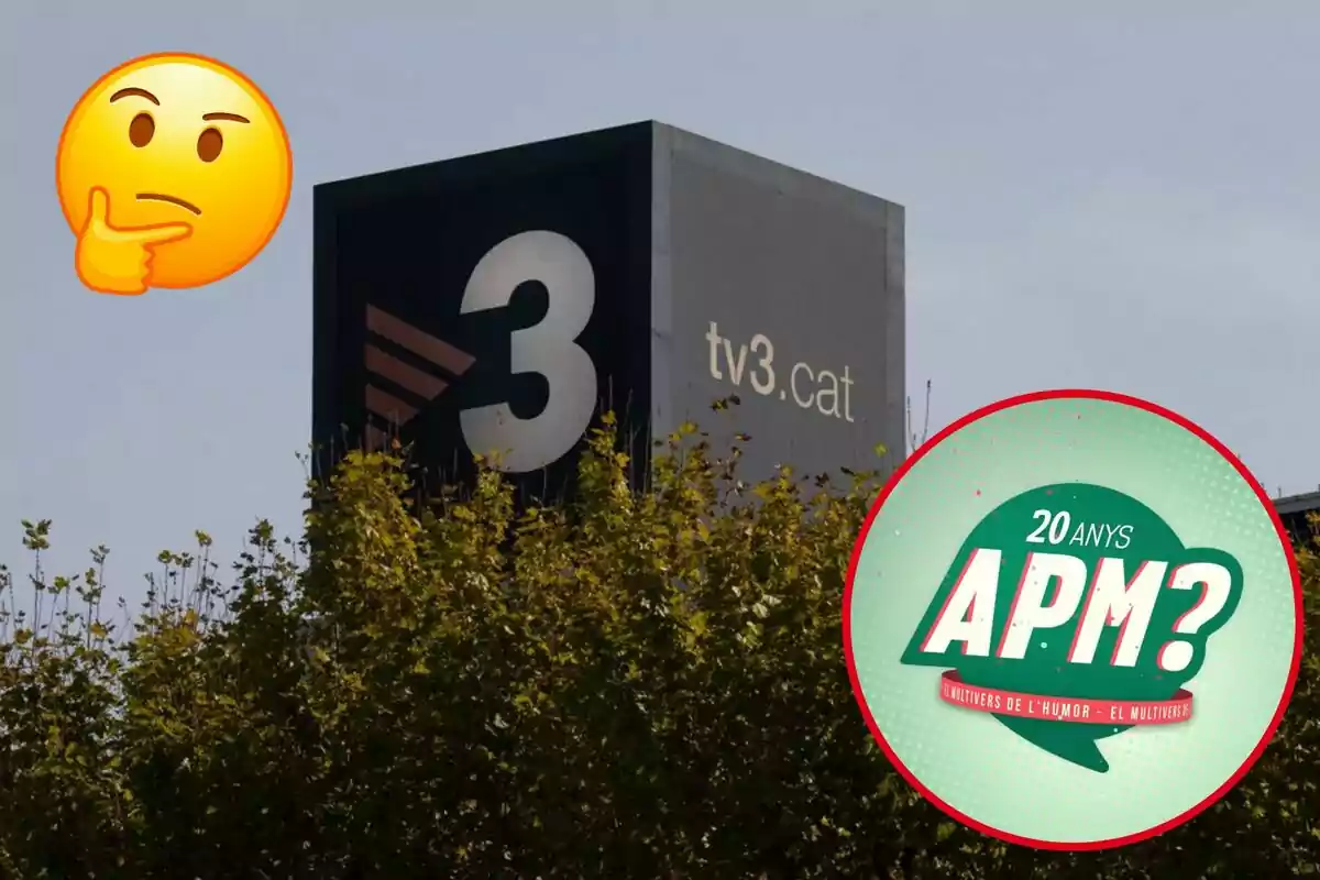 Edificio de TV3 con un emoji pensativo y un logo de APM? celebrando 20 años.