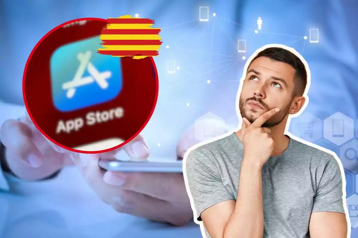 Hombre pensativo con una imagen ampliada del ícono de la App Store en un fondo tecnológico.