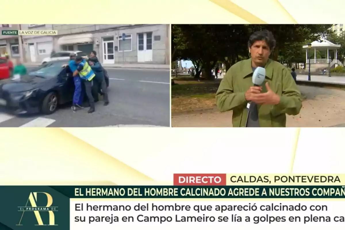 Pantalla dividida de un noticiero mostrando a la izquierda una pelea en la calle junto a un coche y a la derecha a un reportero informando en un parque