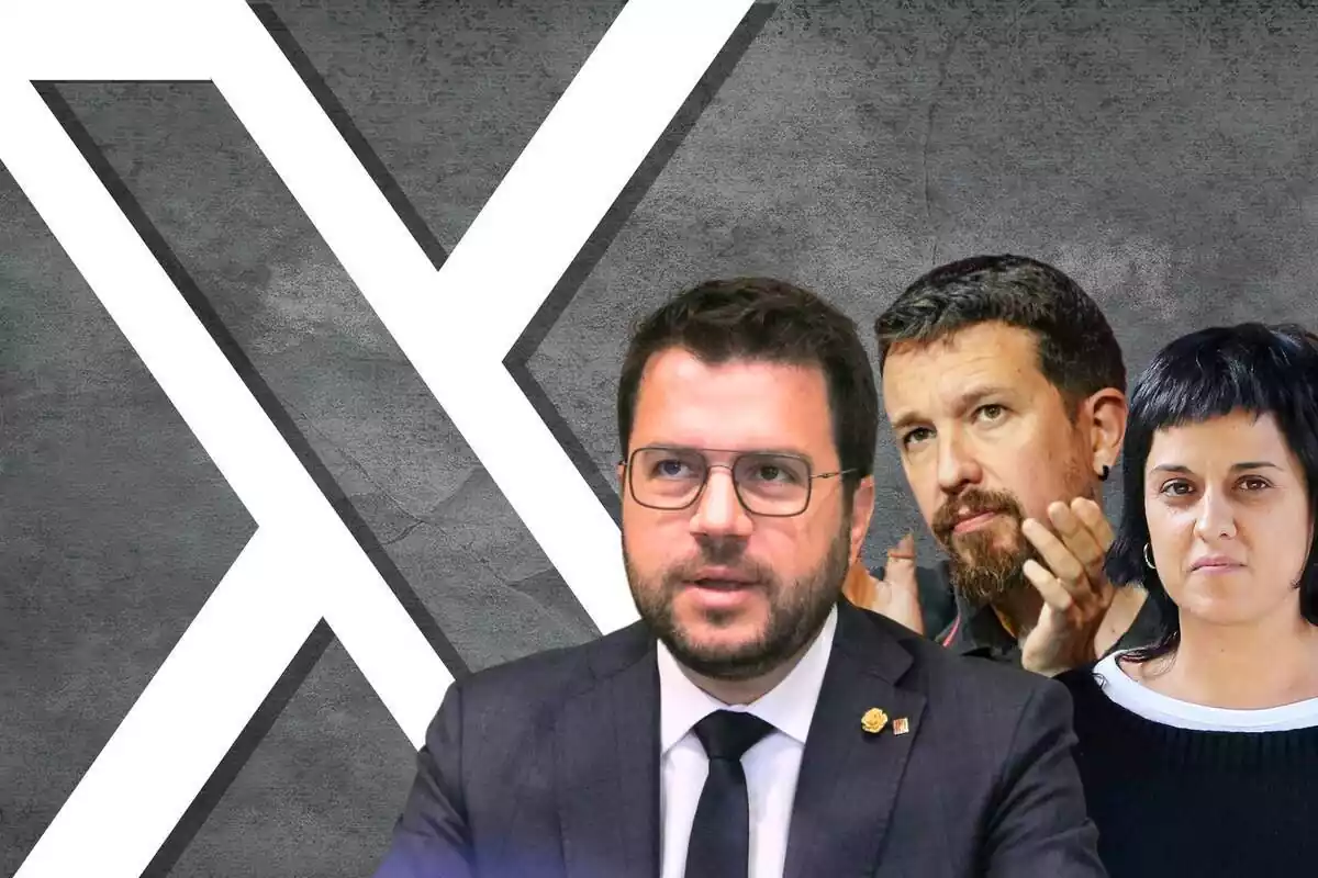 Montaje con los líderes políticos de izquierdas, Pere Aragonès, Pablo Iglesias y Anna Gabriel, con el logotipo de la red social X al lado