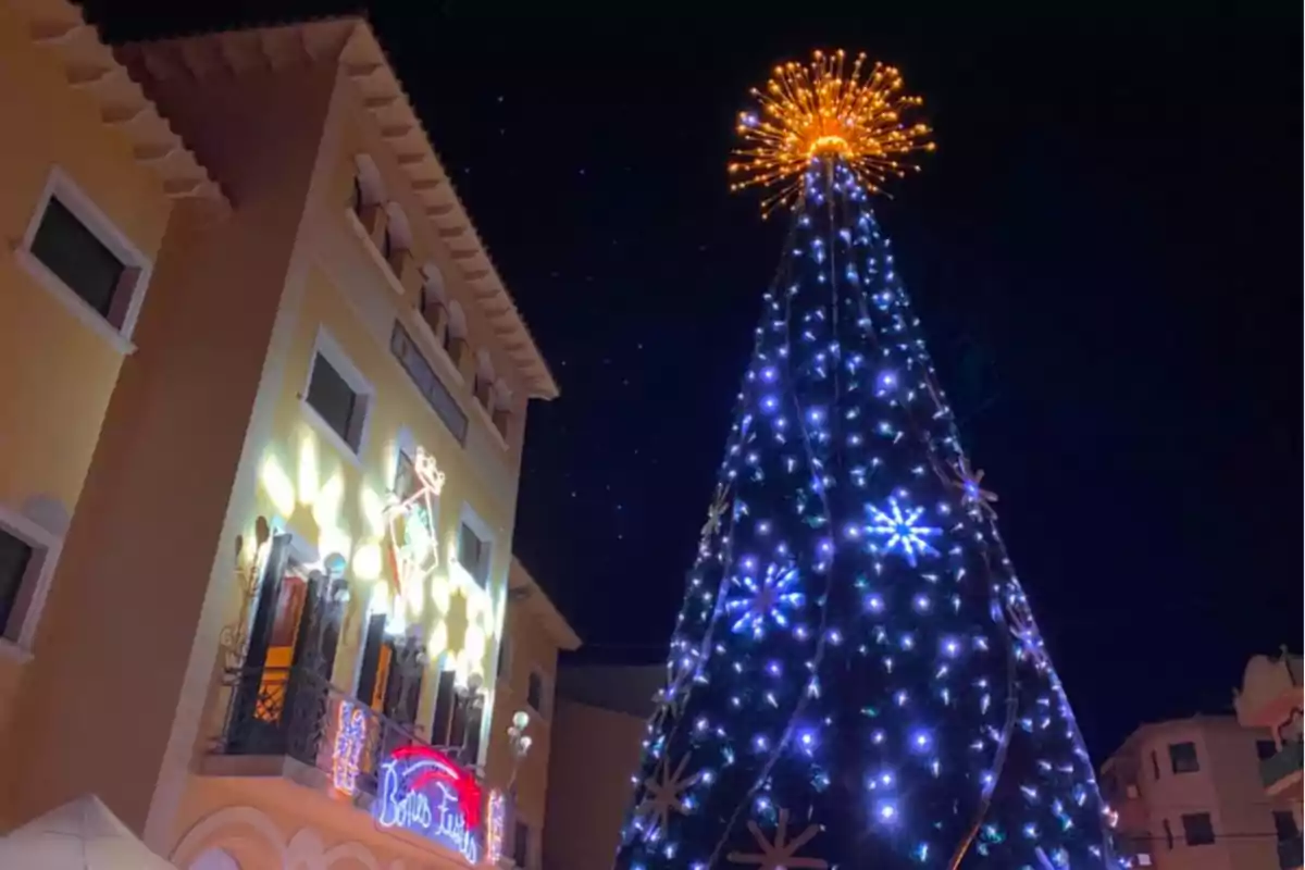 Un árbol de Navidad iluminado con luces brillantes junto a un edificio decorado en la noche.