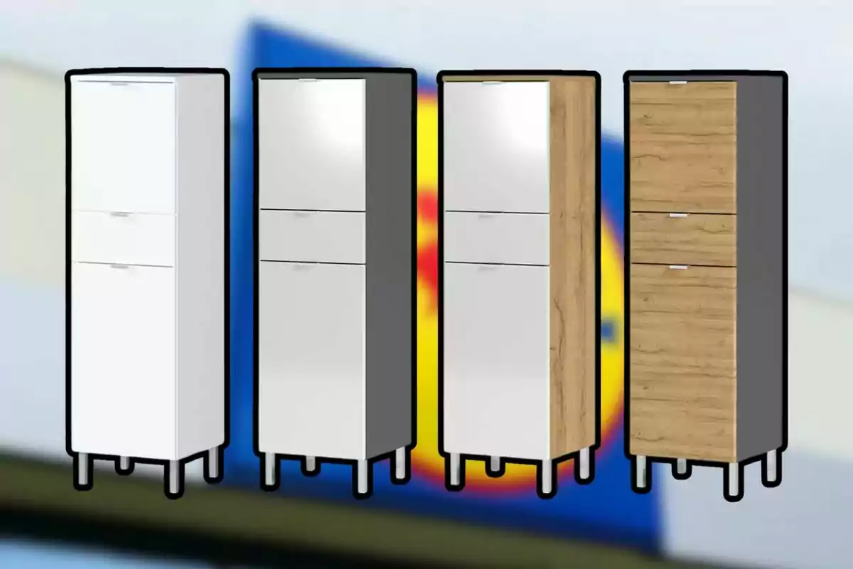 La imagen muestra cuatro armarios altos de diferentes colores y acabados, con un fondo desenfocado que parece ser el logotipo de una tienda. La imagen muestra cuatro armarios altos de diferentes colores y acabados, con un fondo desenfocado que parece ser el logotipo de una tienda.
