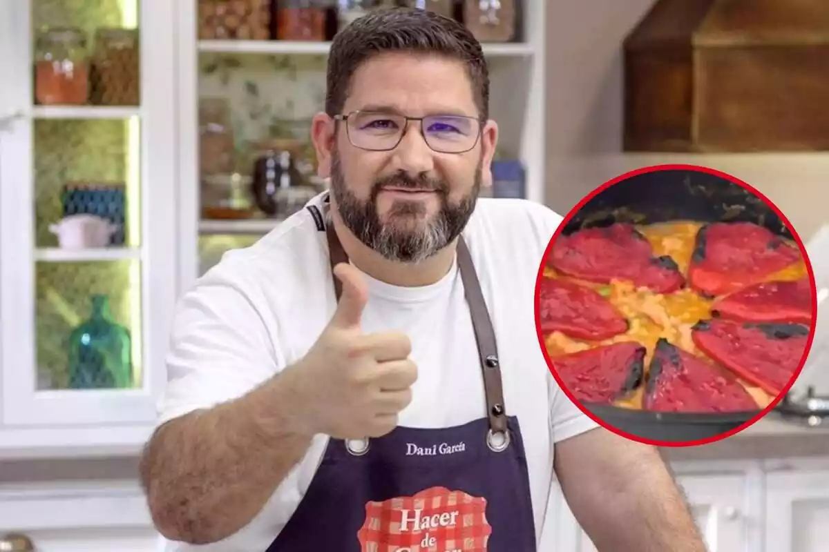 Montaje con imagen del chef Dani García sonriendo y subiendo el pulgar y en un círculo su arroz de cerdo adobado con pimientos