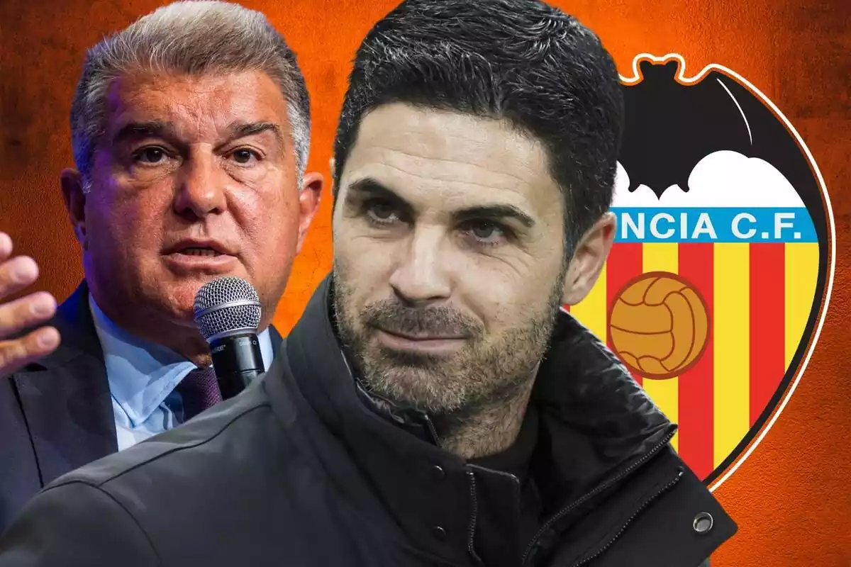 Mikel Arteta con Joan Laporta frente a un fondo naranja y un escudo del Valencia