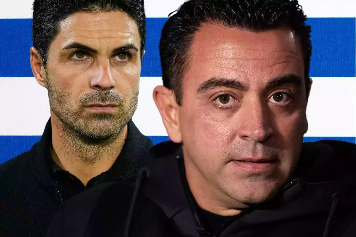 Xavi Hernández mira al frente con Mikel Arteta al fondo sobre un fondo de color azul y blanco