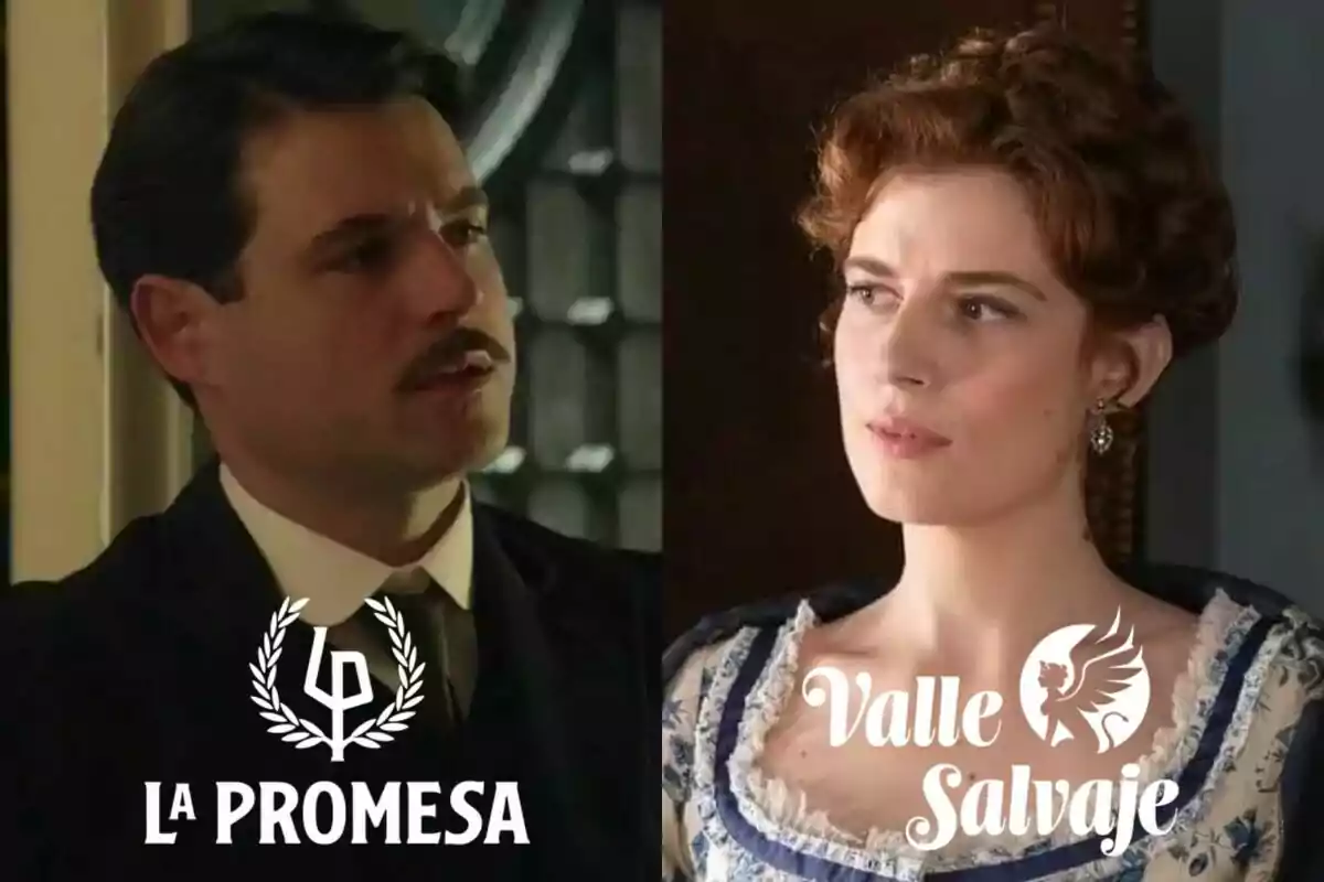Dos personajes de época, Arturo Sancho con bigote y traje oscuro a la izquierda con el logo de "La Promesa" y Rocío Suárez de Puga con vestido elegante a la derecha con el logo de "Valle Salvaje".
