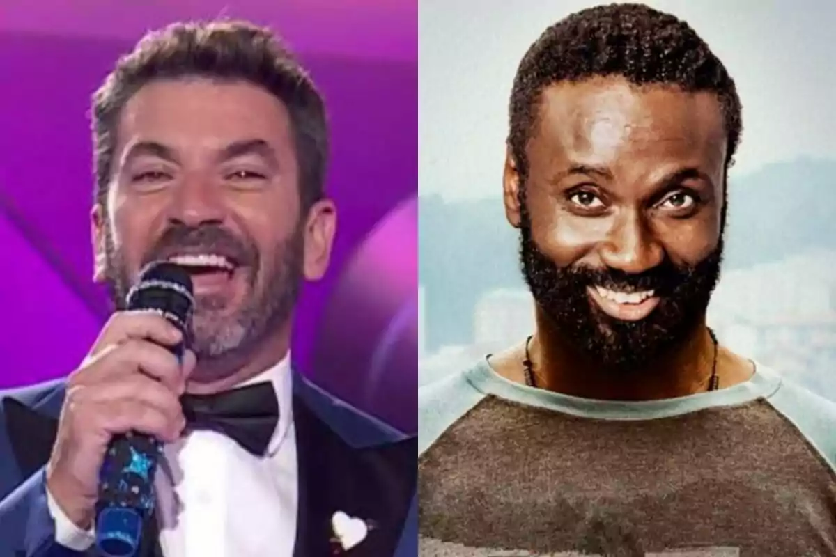 Arturo Valls hablando con un micrófono en Mask Singer a la izquierda con Malcolm Treviño-Sitté en el poster de Detective Touré a la derecha.