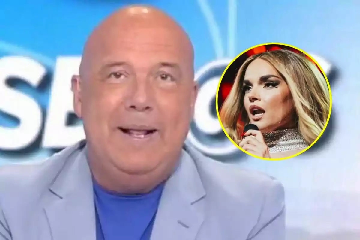 Alfonso Arús calvo con chaqueta azul claro aparece en Aruser@s con un círculo amarillo que muestra a Melody cantando en Eurovisión.