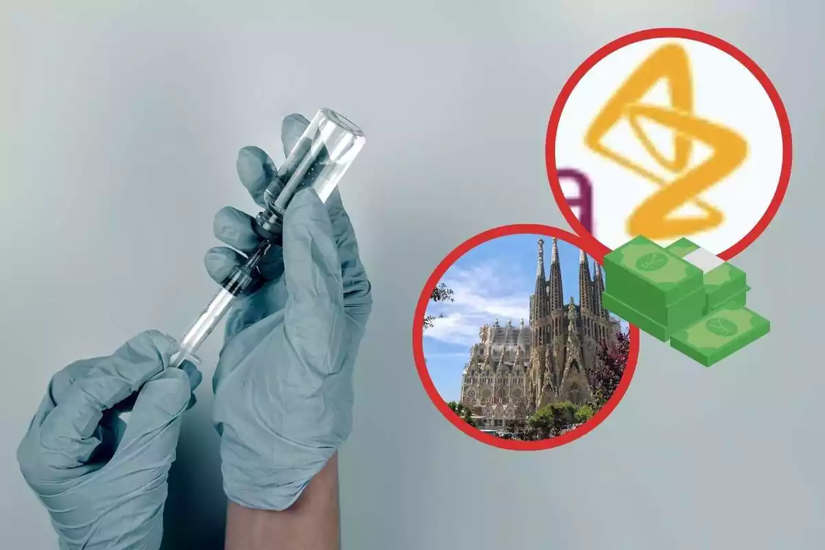 Unos guantes poniendo una vacuna y a su lado un círculo con la Sagrada Familia, el símbolo de AstraZeneca y un emoji con dinero