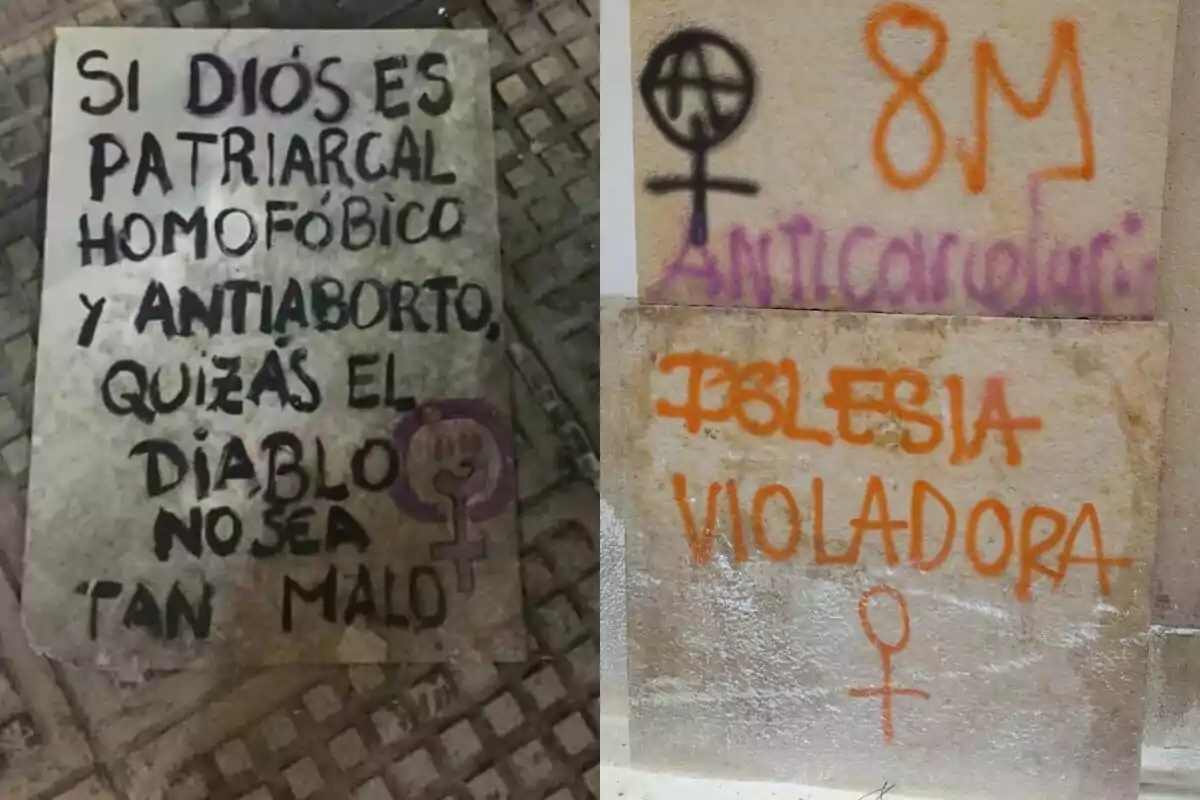 La imagen muestra dos paredes con mensajes pintados en aerosol. En la primera, se lee un mensaje crítico sobre la religión y el patriarcado, acompañado de un símbolo feminista. En la segunda, hay grafitis con mensajes de protesta relacionados con el feminismo y críticas a la iglesia, también con símbolos feministas. La imagen muestra dos paredes con mensajes pintados en aerosol. En la primera, se lee un mensaje crítico sobre la religión y el patriarcado, acompañado de un símbolo feminista. En la segunda, hay grafitis con mensajes de protesta relacionados con el feminismo y críticas a la iglesia, también con símbolos feministas.