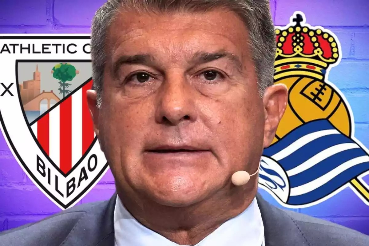 Joan Laporta con el escudo del Athletic Club y la Real Sociedad