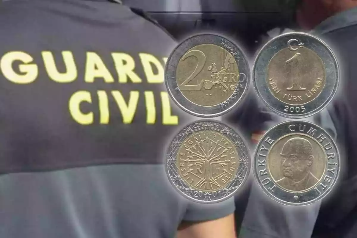 Montaje con la Guardia Civil y unas monedas de euro y lira turca