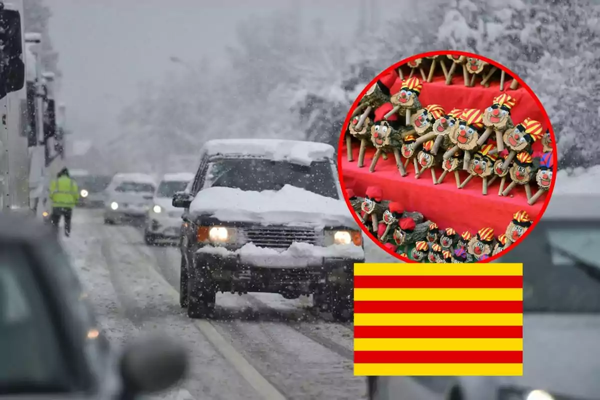 Una carretera nevada con coches en movimiento y un recuadro que muestra figuras de Tió de Nadal sobre una tela roja junto a una bandera con franjas amarillas y rojas.