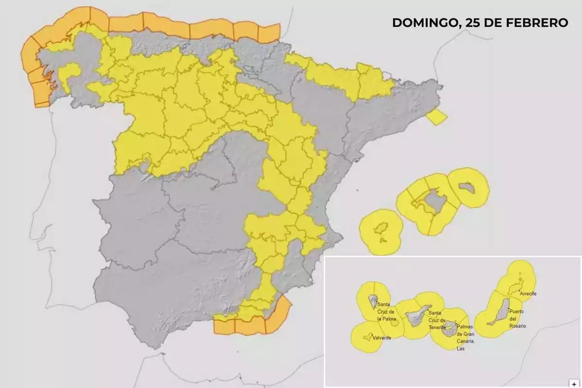Mapa de la AEMET con los avisos activados para este domingo 25 de febrero por la tarde Mapa de la AEMET con los avisos activados para este domingo 25 de febrero por la tarde